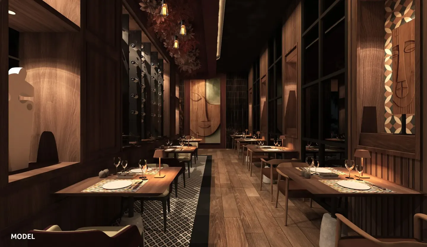 Warm wood dining room with set tables and wall art at Hotel Riu Palace Aruba.