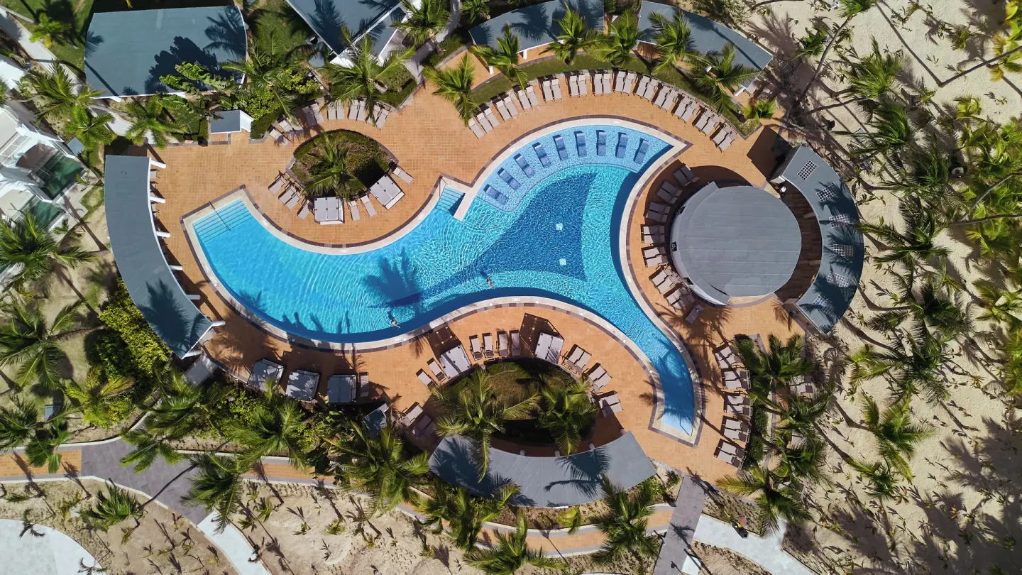 Aerial view of a curved pool surrounded by loungers and palms at Hotel Riu Palace Bavaro.