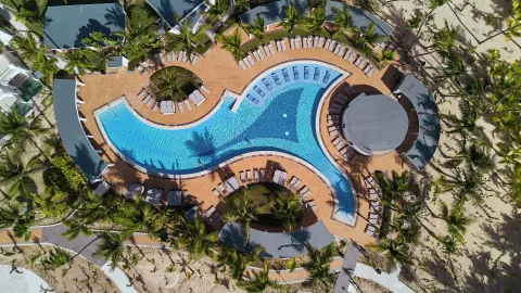 Aerial view of a curved pool surrounded by loungers and palms at Hotel Riu Palace Bavaro.