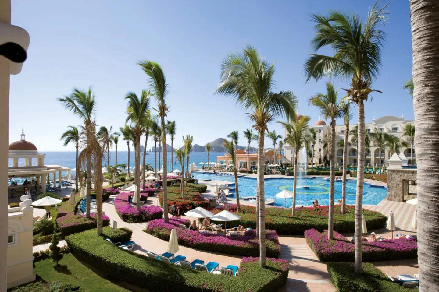 Landscaped gardens, pool, palms, and ocean at Hotel Riu Palace Cabo San Lucas.