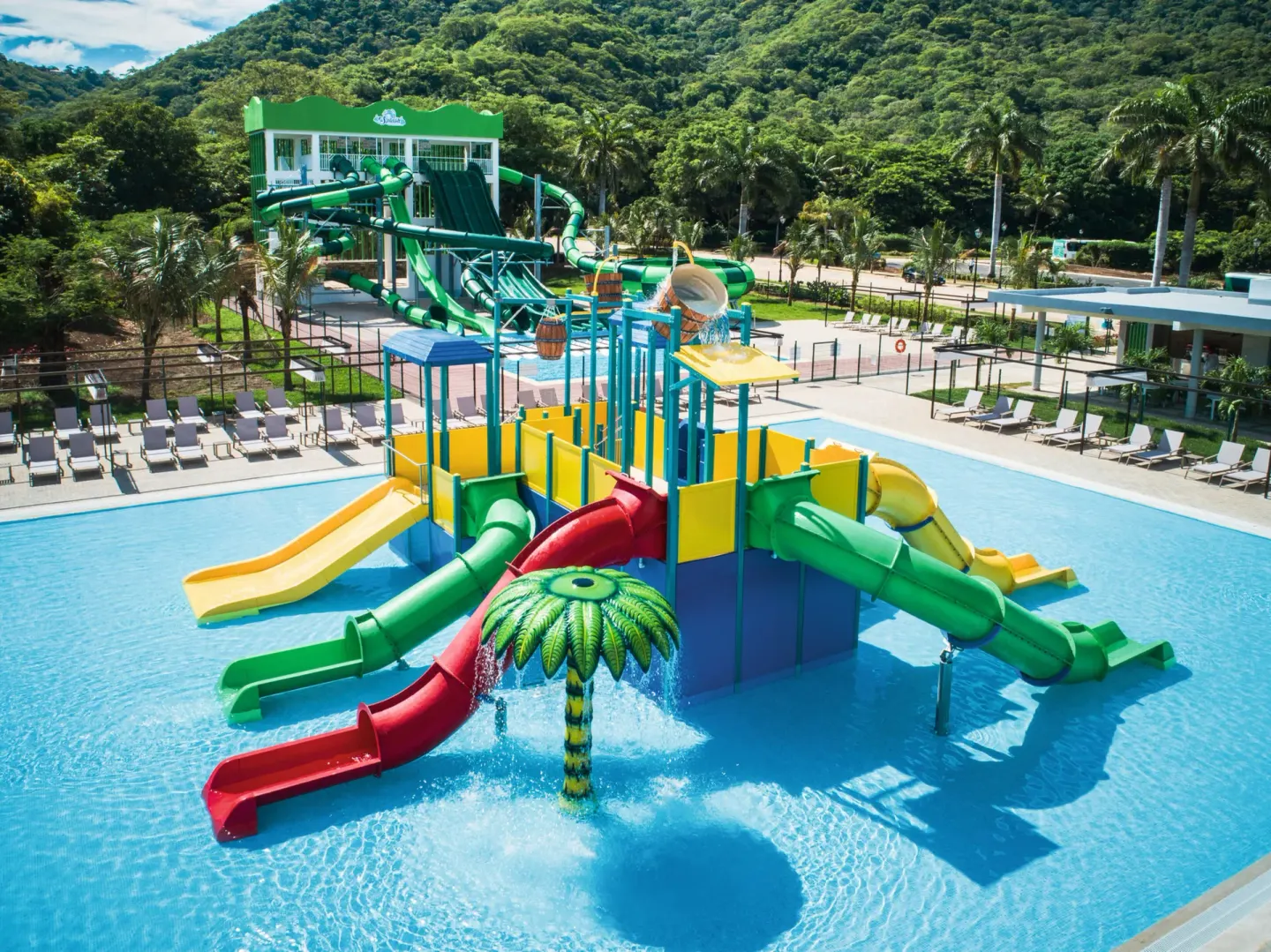 Elevated view of the children's water slides at Hotel Riu Palace Costa Rica.