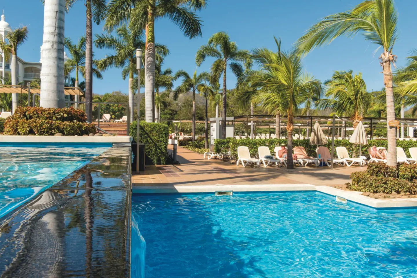 Palm-lined pool deck with loungers at Hotel Riu Palace Costa Rica.