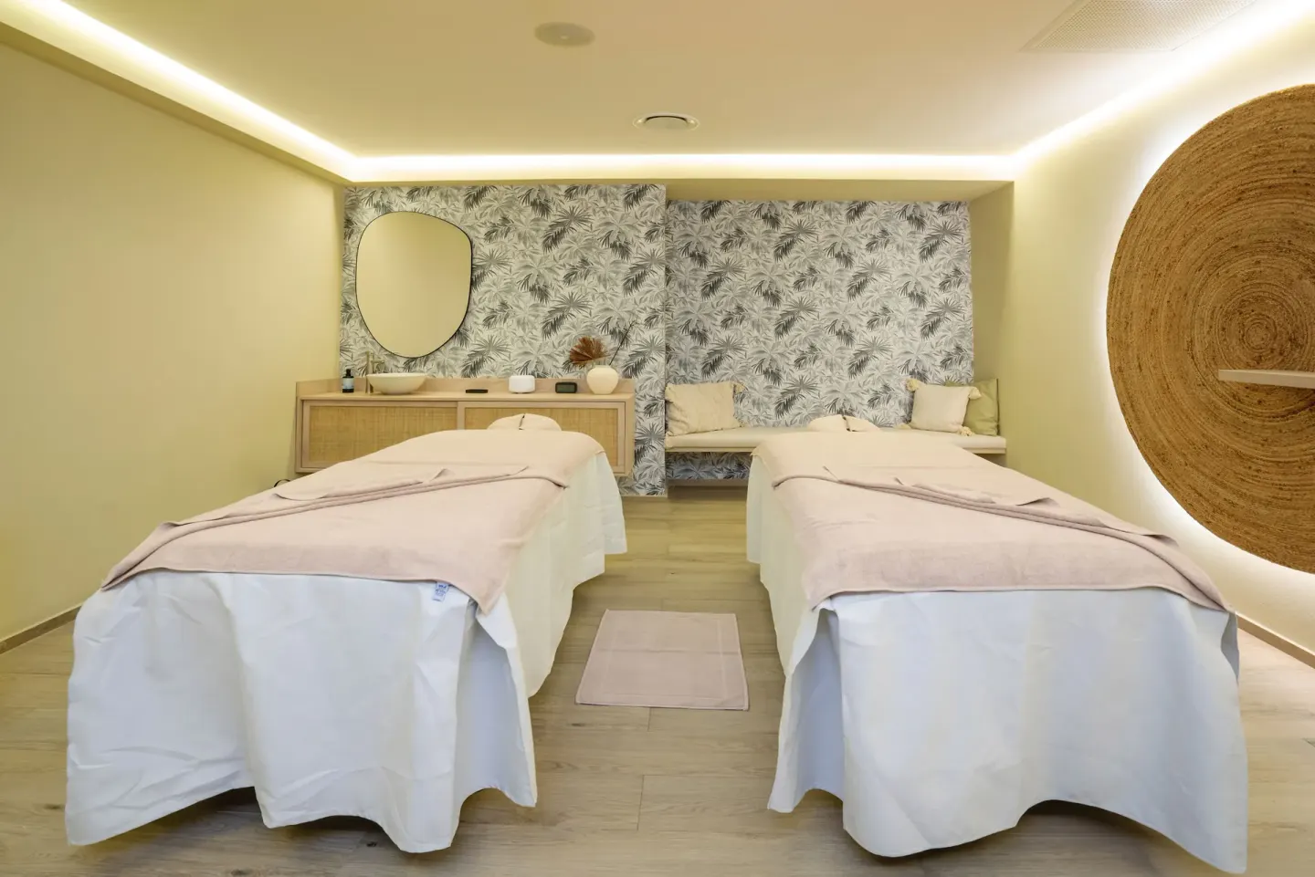 Double spa treatment room with two massage tables at Hotel Riu Palace Kukulkan.