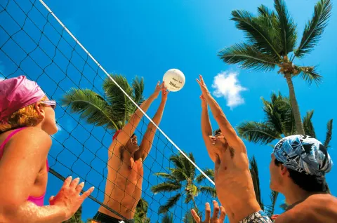 Guests play beach volleyball under palm trees at Hotel Riu Palace Las Americas.