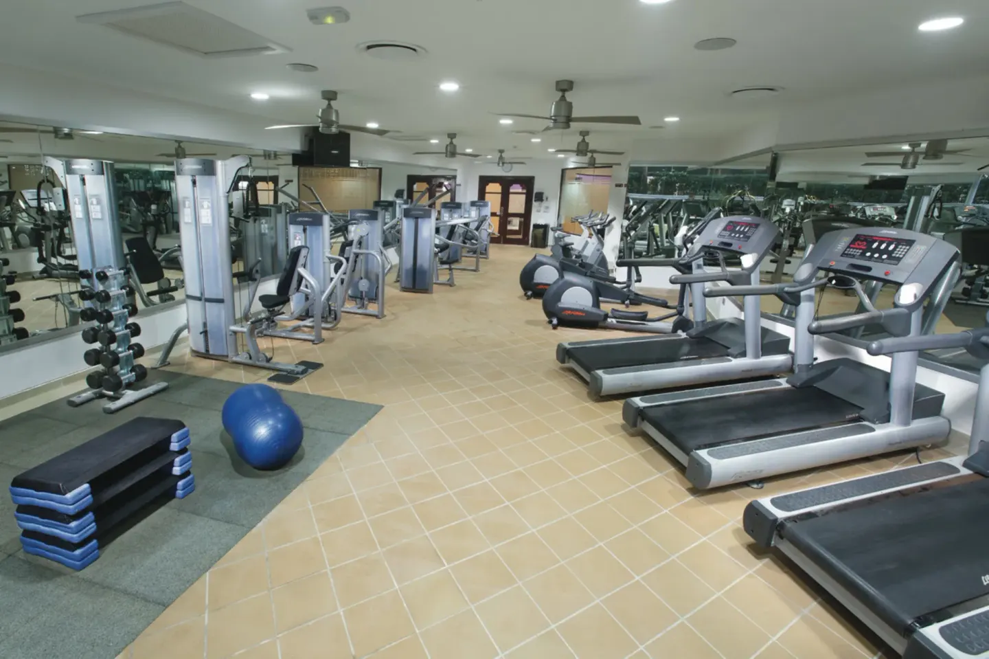 Fitness center with treadmills and weight equipment at Hotel Riu Palace Las Americas.