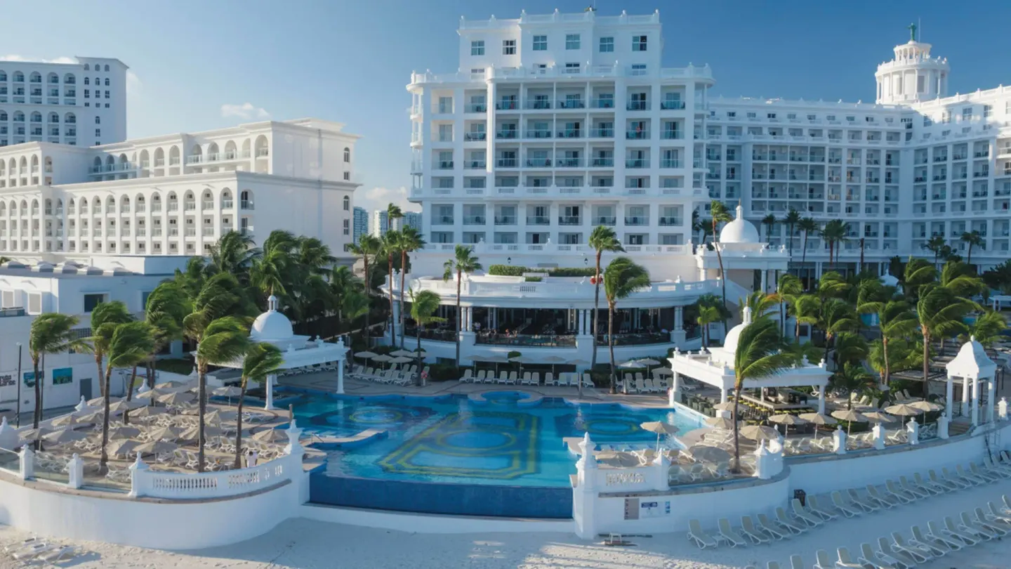 Pool courtyard and white resort buildings at Hotel Riu Palace Las Americas.