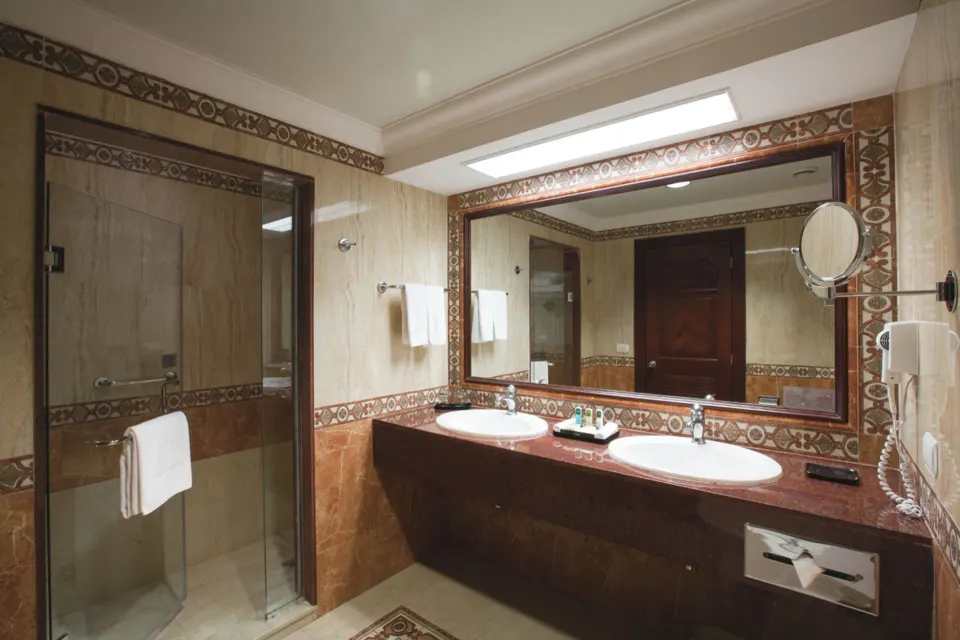 Junior Suite bathroom with double vanity and glass shower at Hotel Riu Palace Las Americas.