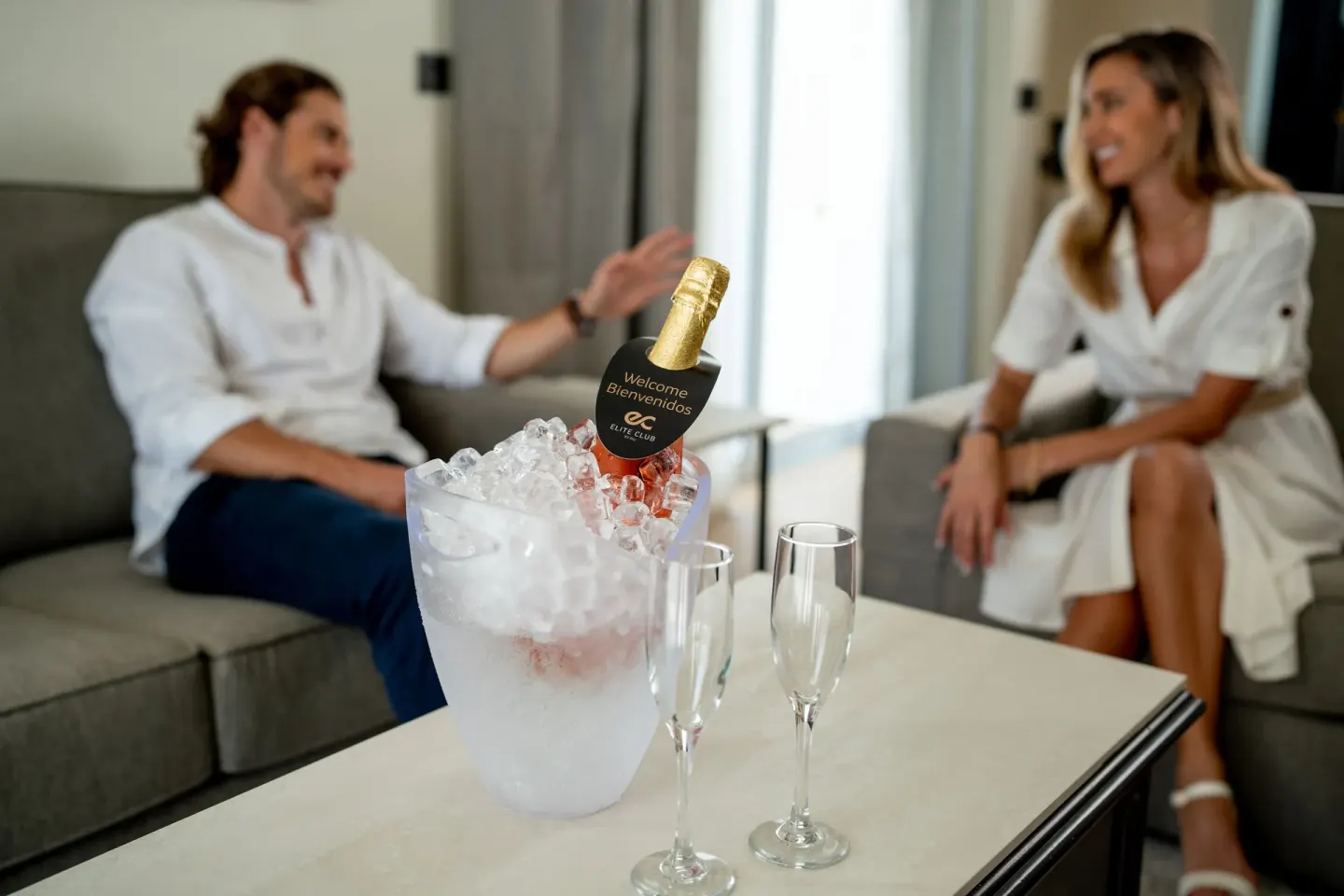 Chilled welcome bottle and glasses in an oceanfront suite at Hotel Riu Palace Pacifico.