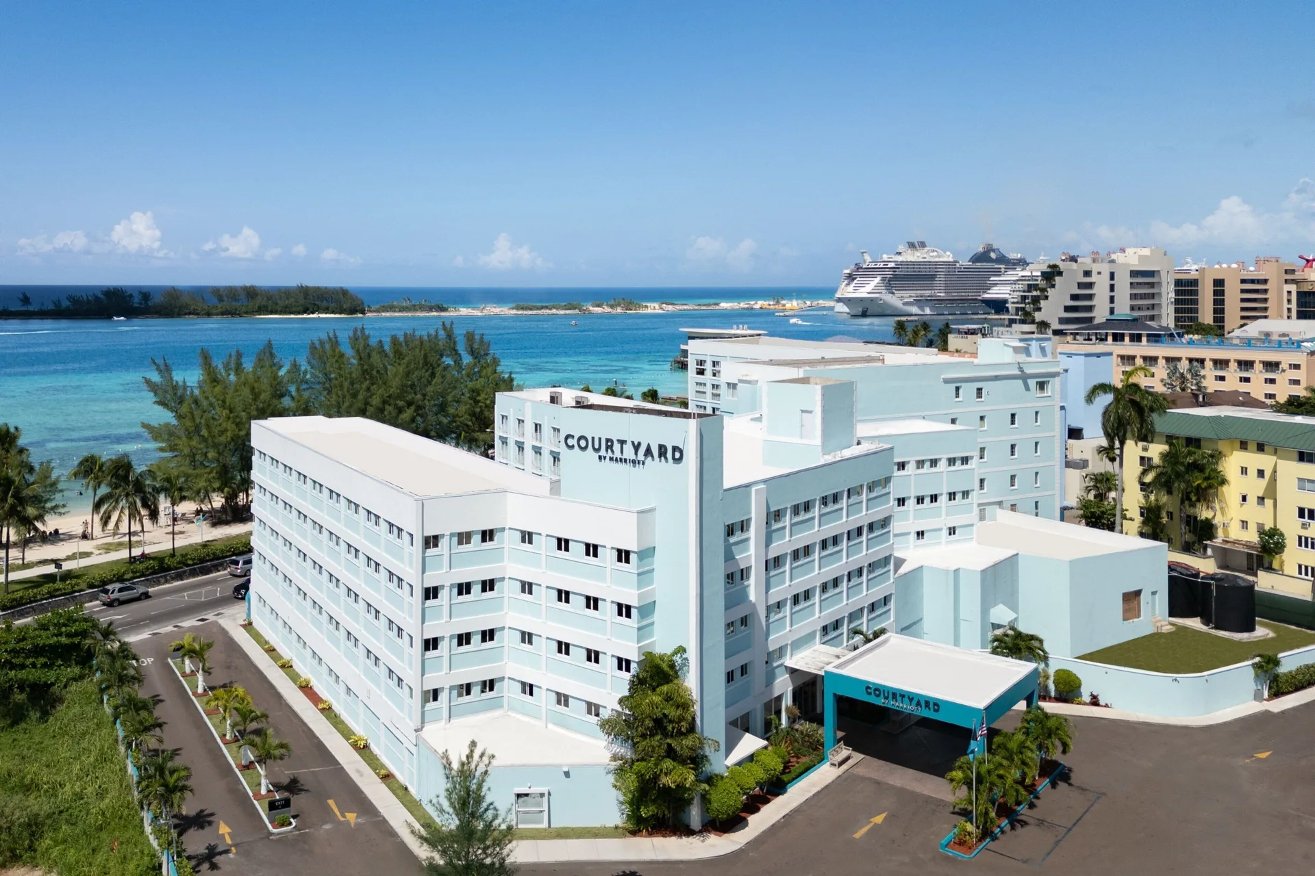 Courtyard Nassau hotel with straightforward accommodations pool area and convenient city access