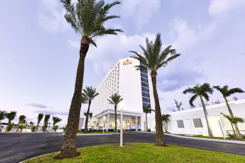 Palm-lined exterior driveway and tower at Hotel Riu Palace Paradise Island.