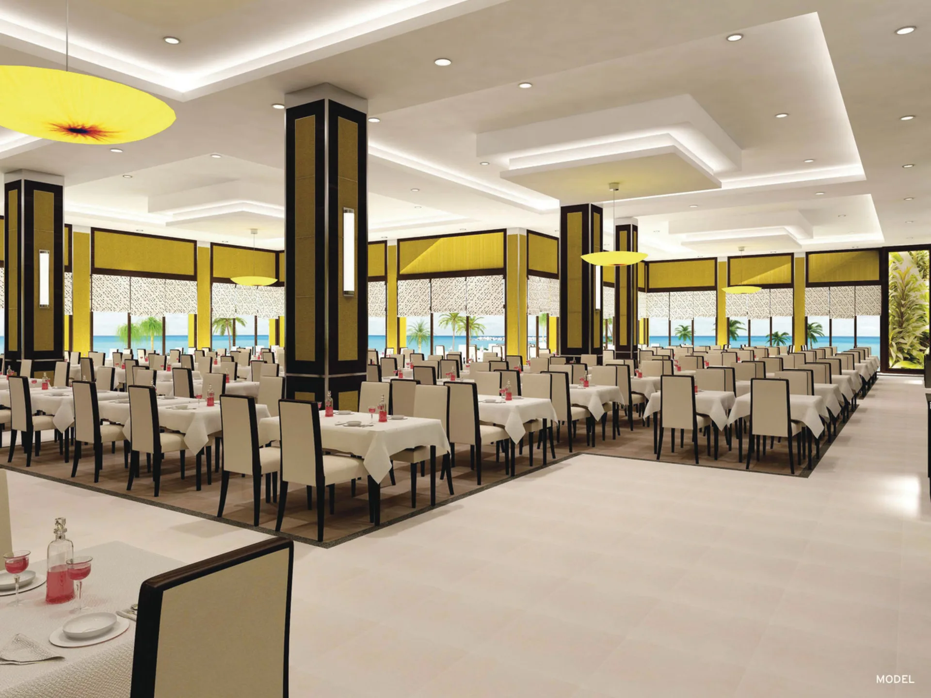 Large dining room with ocean-facing windows at Hotel Riu Palace Paradise Island.