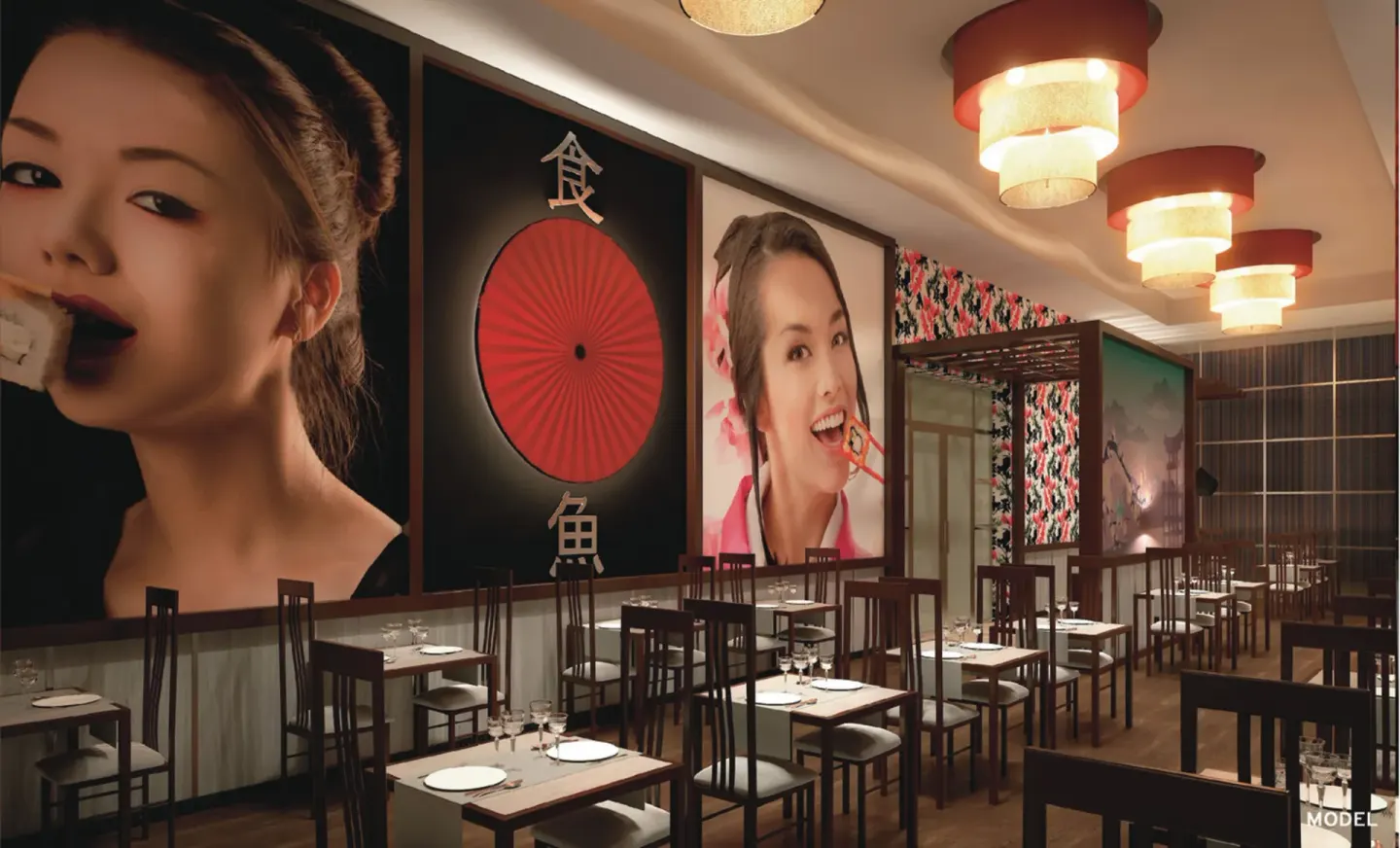 Japanese restaurant dining room with wall art at Hotel Riu Palace Paradise Island.