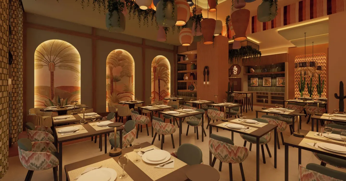 Colorful Mexican-style restaurant dining room at Hotel Riu Palace Peninsula.