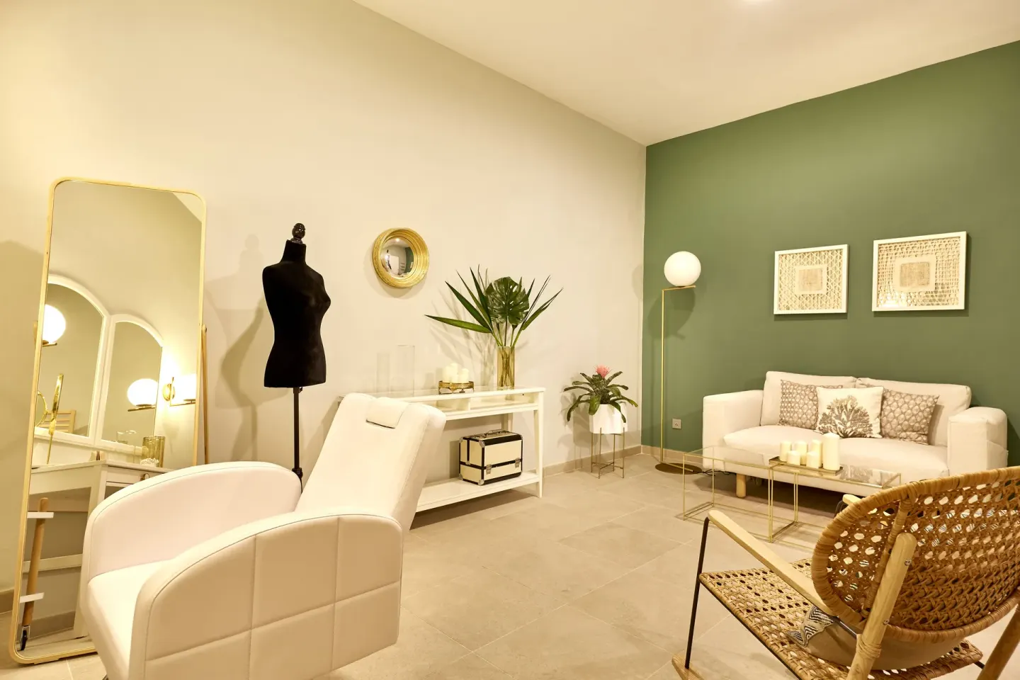 Spa treatment lounge with salon chair and sofa at Hotel Riu Palace Punta Cana.