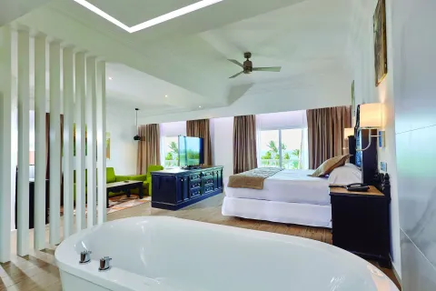 Suite at Hotel Riu Palace Punta Cana with bed, freestanding tub, TV, sitting area, and balcony doors.