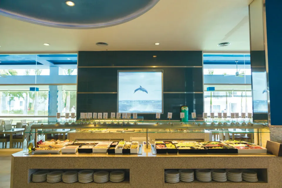 Wide view of the central buffet island with dolphin window art at Hotel Riu Playacar