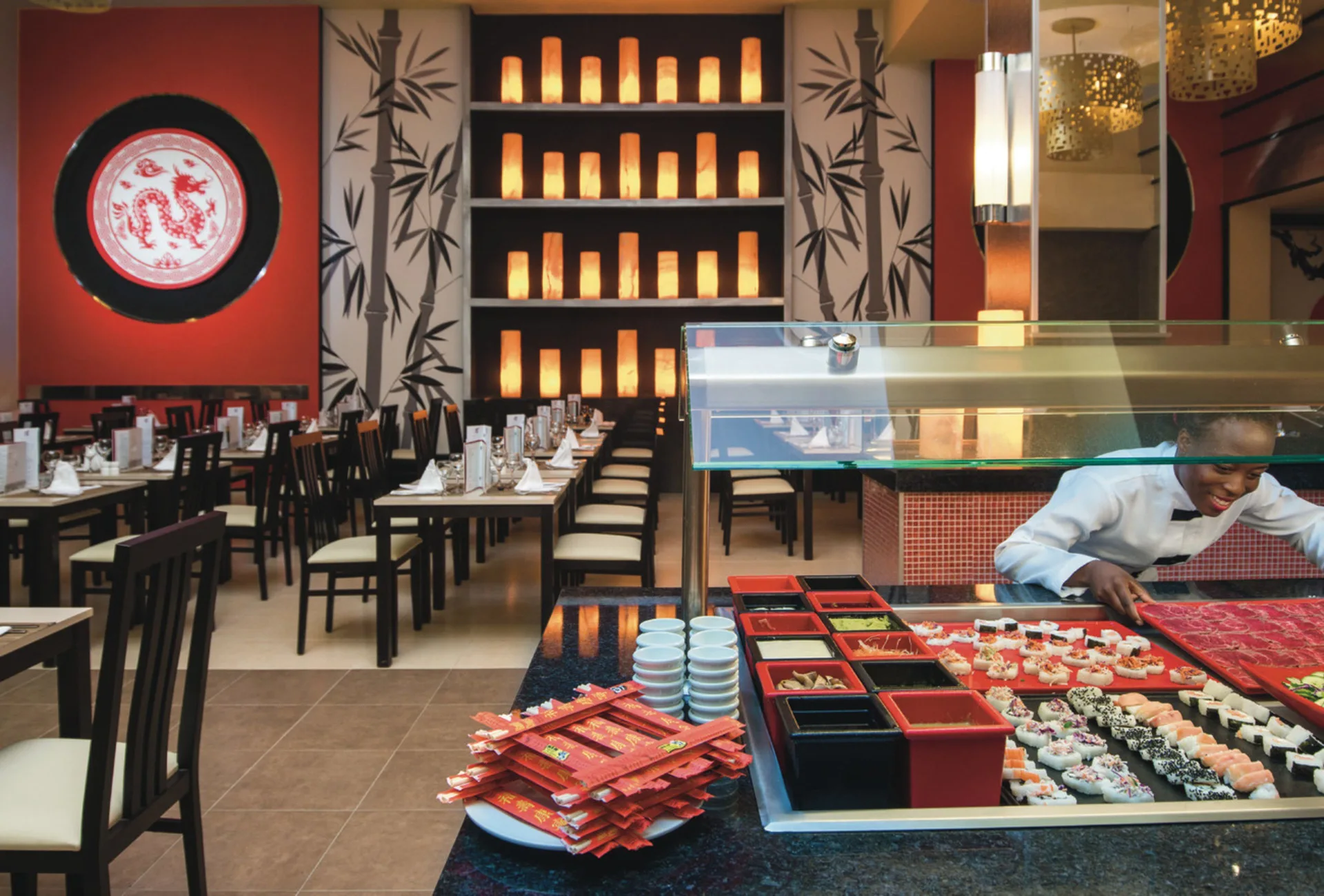 Sushi buffet station in the Asian restaurant at Hotel Riu Reggae.