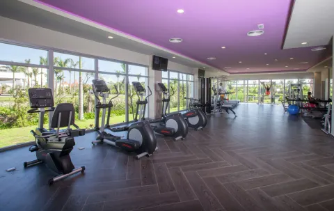 Large fitness room with cardio machines and garden-facing windows at Hotel Riu Republica.