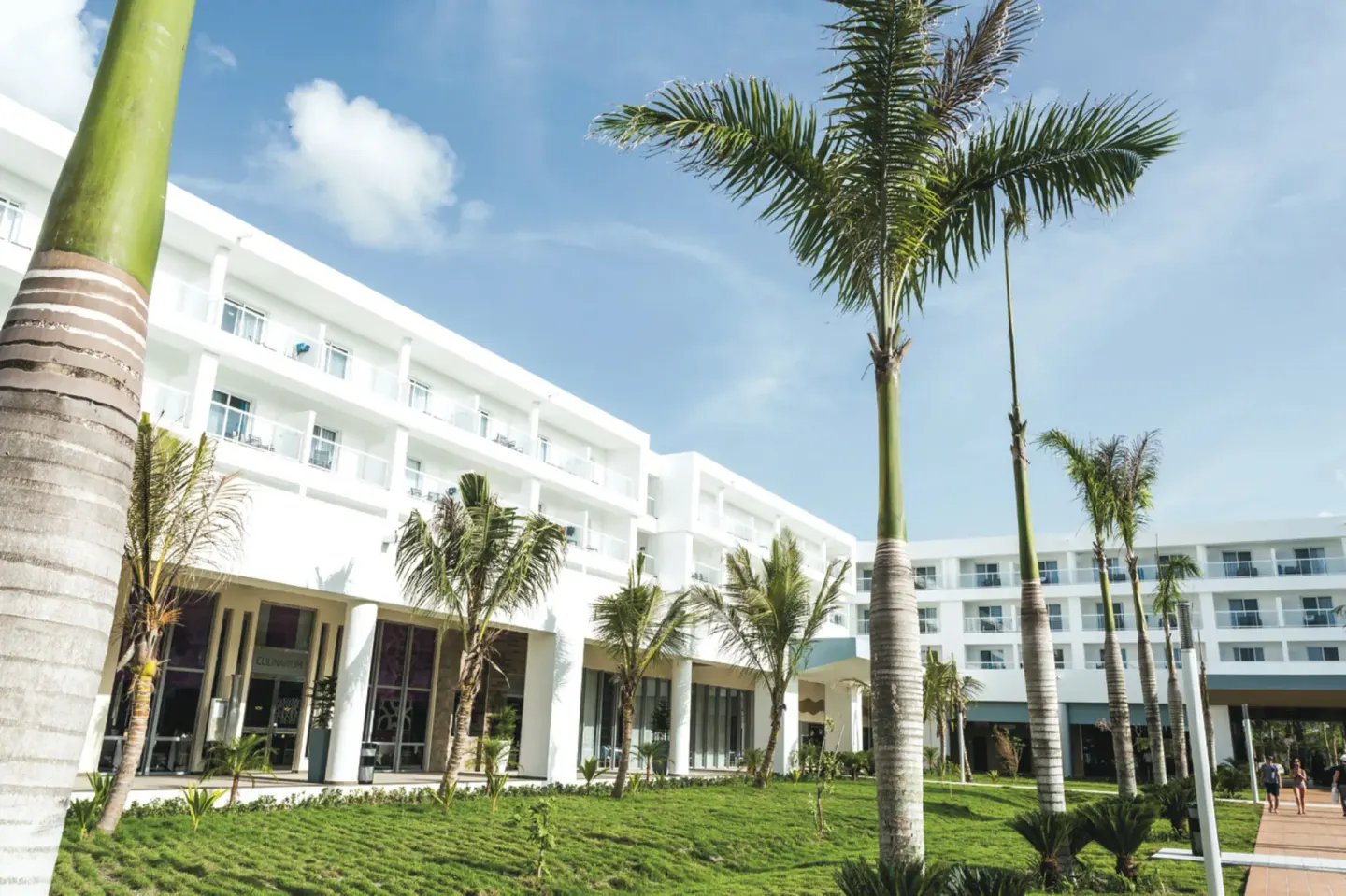 White guest buildings and palm-lined lawn at Hotel Riu Republica under a bright sky.