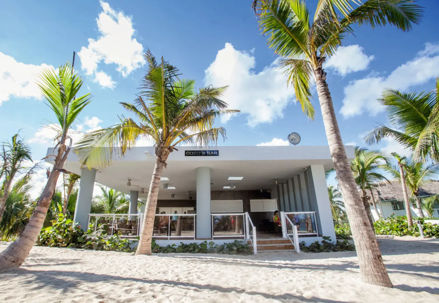 Coco's Bar building on the sand between palm trees at Hotel Riu Republica.