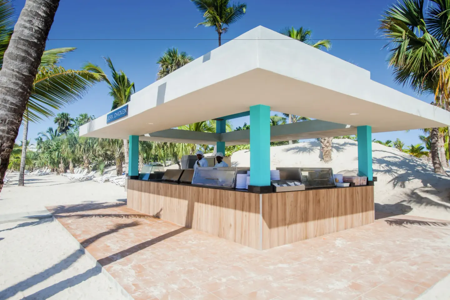 Beachside jerk chicken hut on the sand at Hotel Riu Republica.