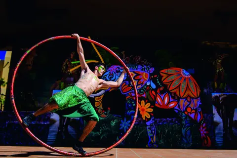 An acrobat performs inside a large wheel on stage at Hotel Riu Santa Fe.