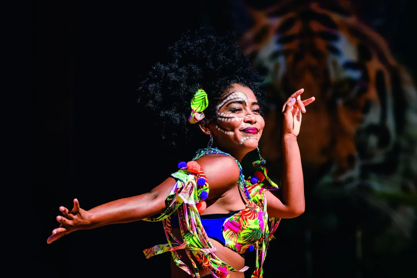 A costumed dancer performs on stage at Hotel Riu Santa Fe.