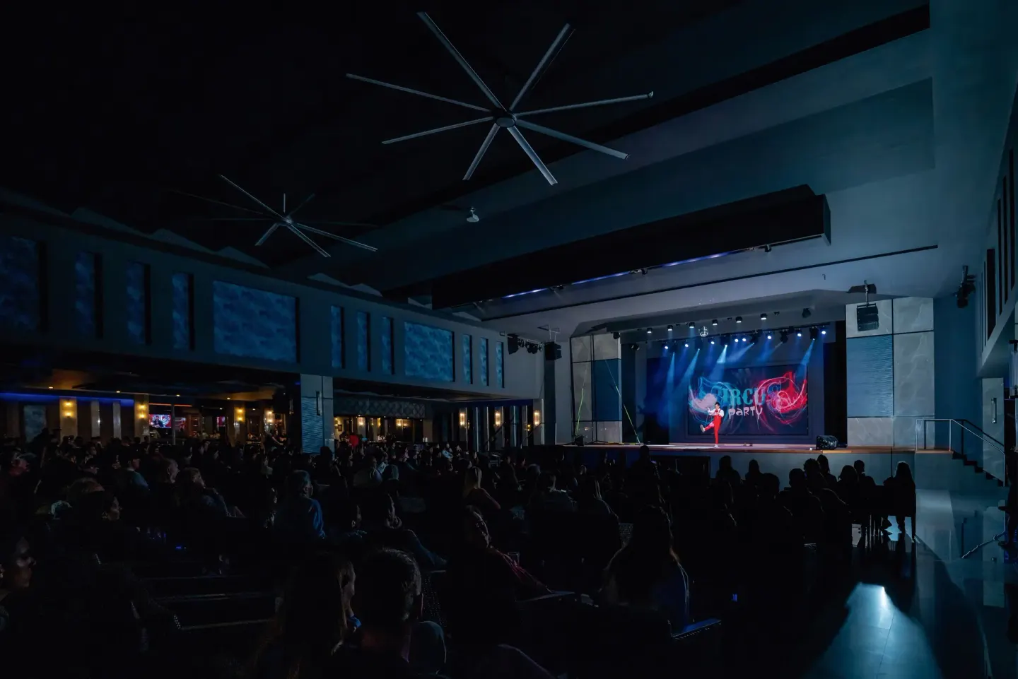 Darkened theater with a solo performer on stage at Hotel Riu Santa Fe.