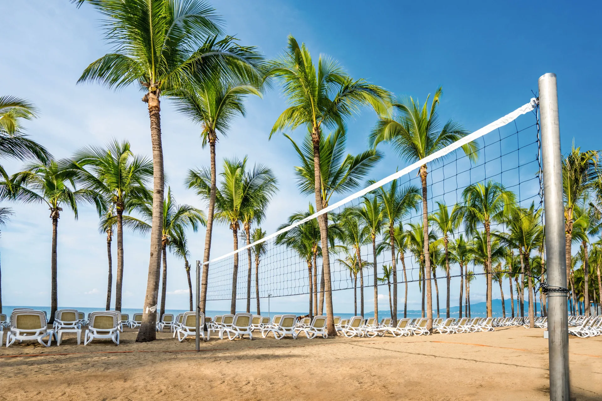 Beach volleyball net with palm trees and loungers at Hotel Riu Vallarta.