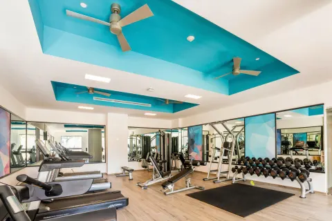 Hotel Riu Vallarta gym with treadmills, dumbbells, benches, mirrors, and turquoise ceiling accents.