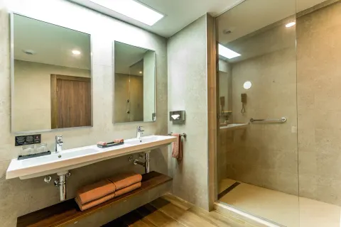 Standard Room bathroom with double sink and glass shower at Hotel Riu Vallarta.