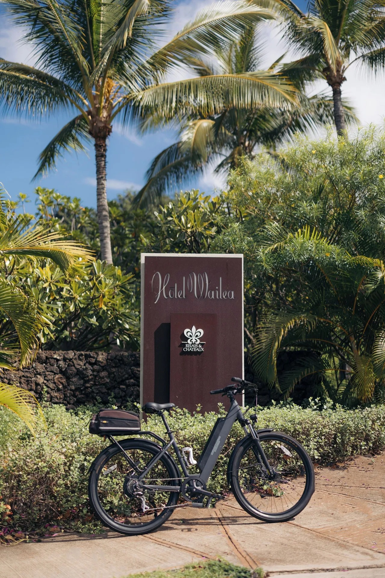 Bicycle parked in front of the Hotel Wailea entrance sign among palms.