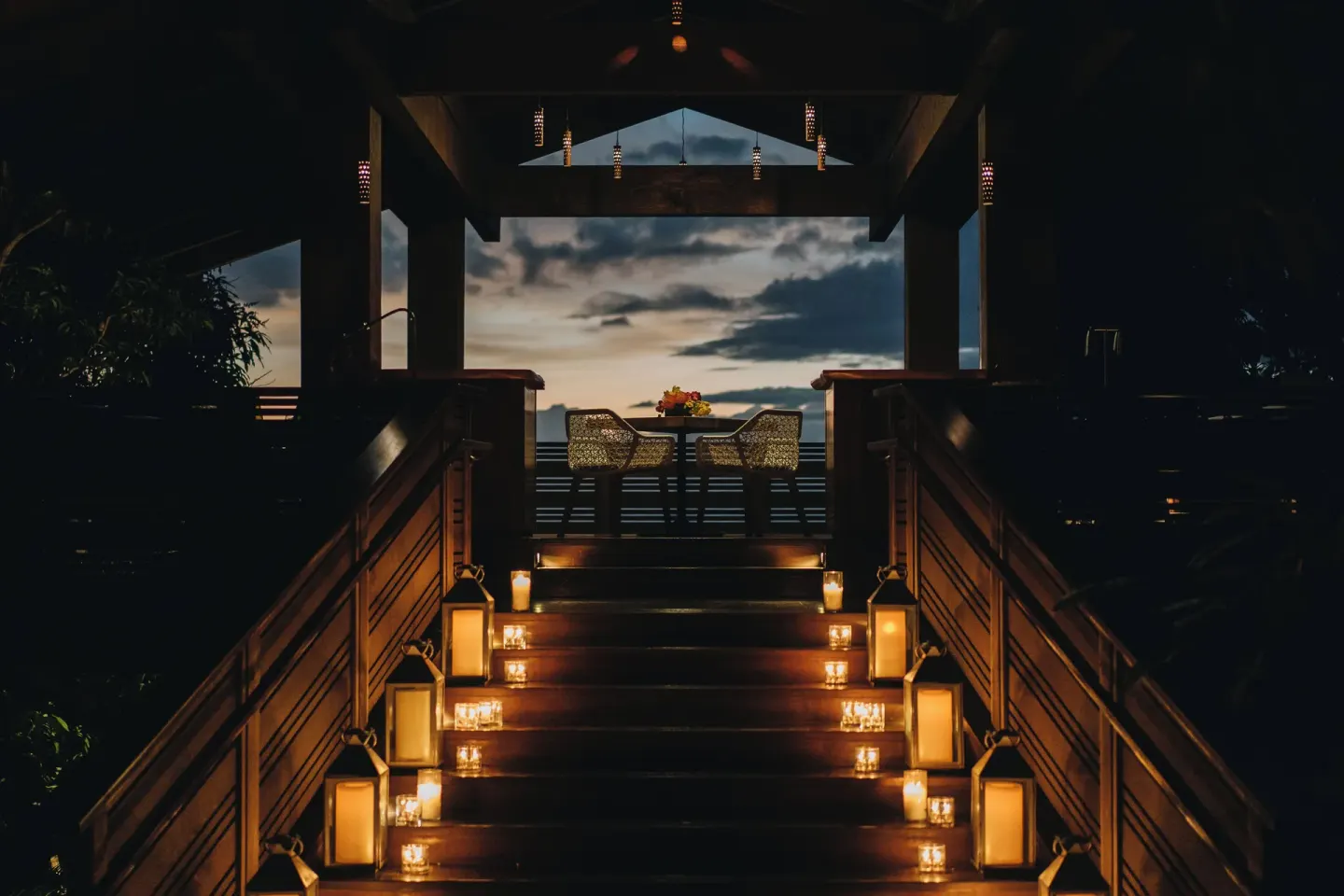 Lantern-lit staircase leads to an open-air sunset lounge at Hotel Wailea.