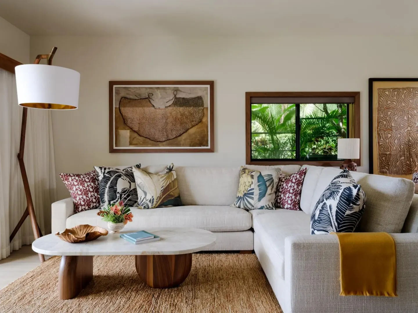 Garden View One Bedroom Suite living area with sectional sofa at Hotel Wailea.