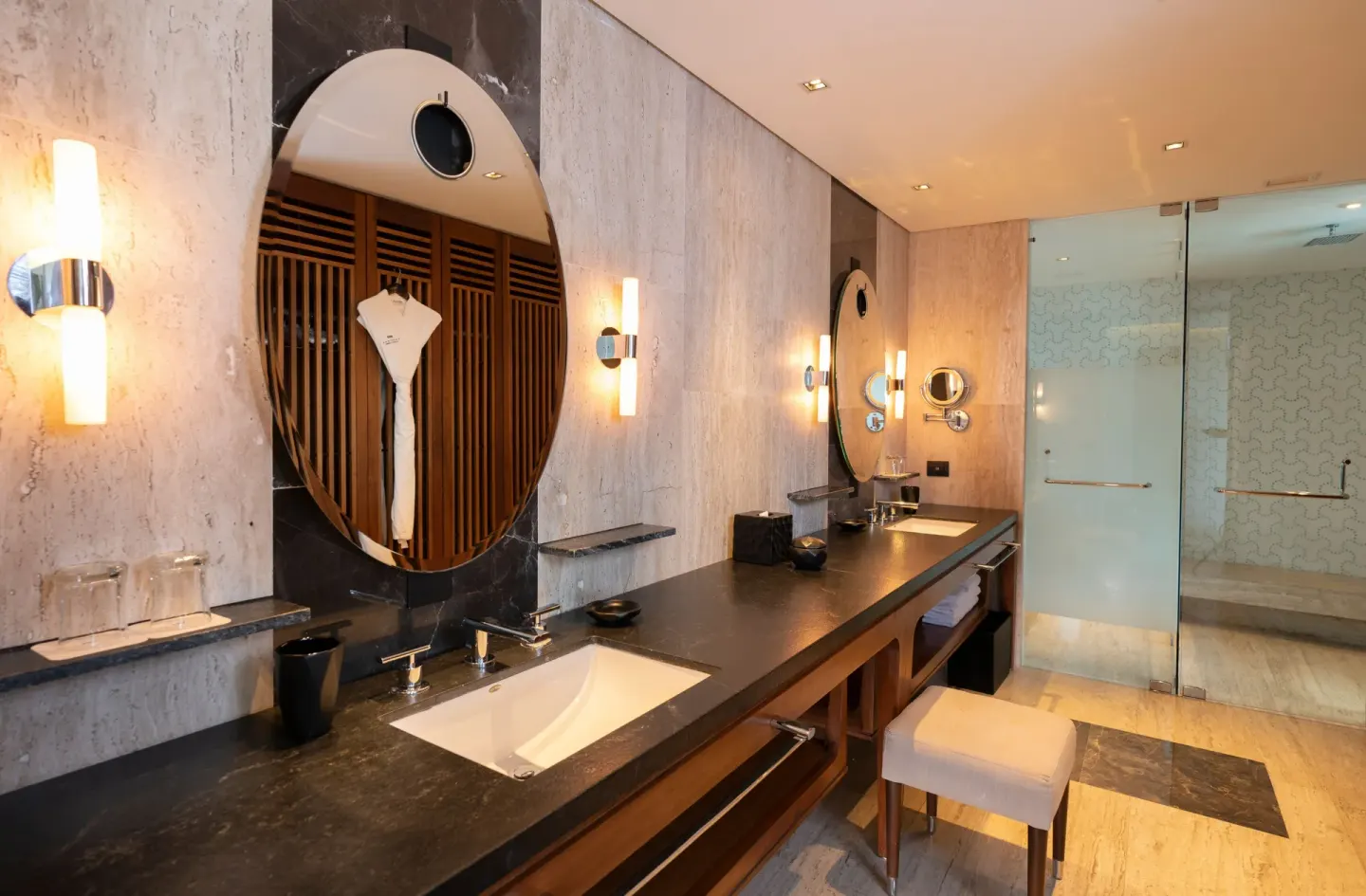 Double vanity bathroom with glass shower at Hyatt Centric Playa del Carmen - Downtown House & Beach House.