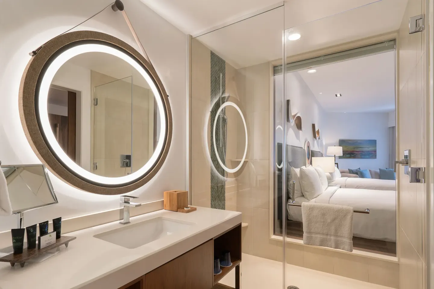Deluxe Room bathroom and two queen beds at Hyatt Centric Waikiki Beach.