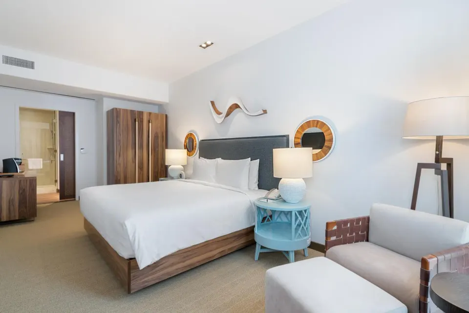 Accessible king guest room with seating at Hyatt Centric Waikiki Beach.