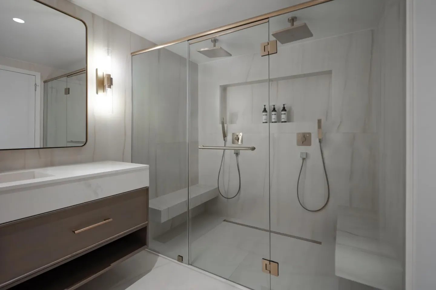 Modern bathroom with glass shower at Hyatt Regency Aruba Resort and Casino.