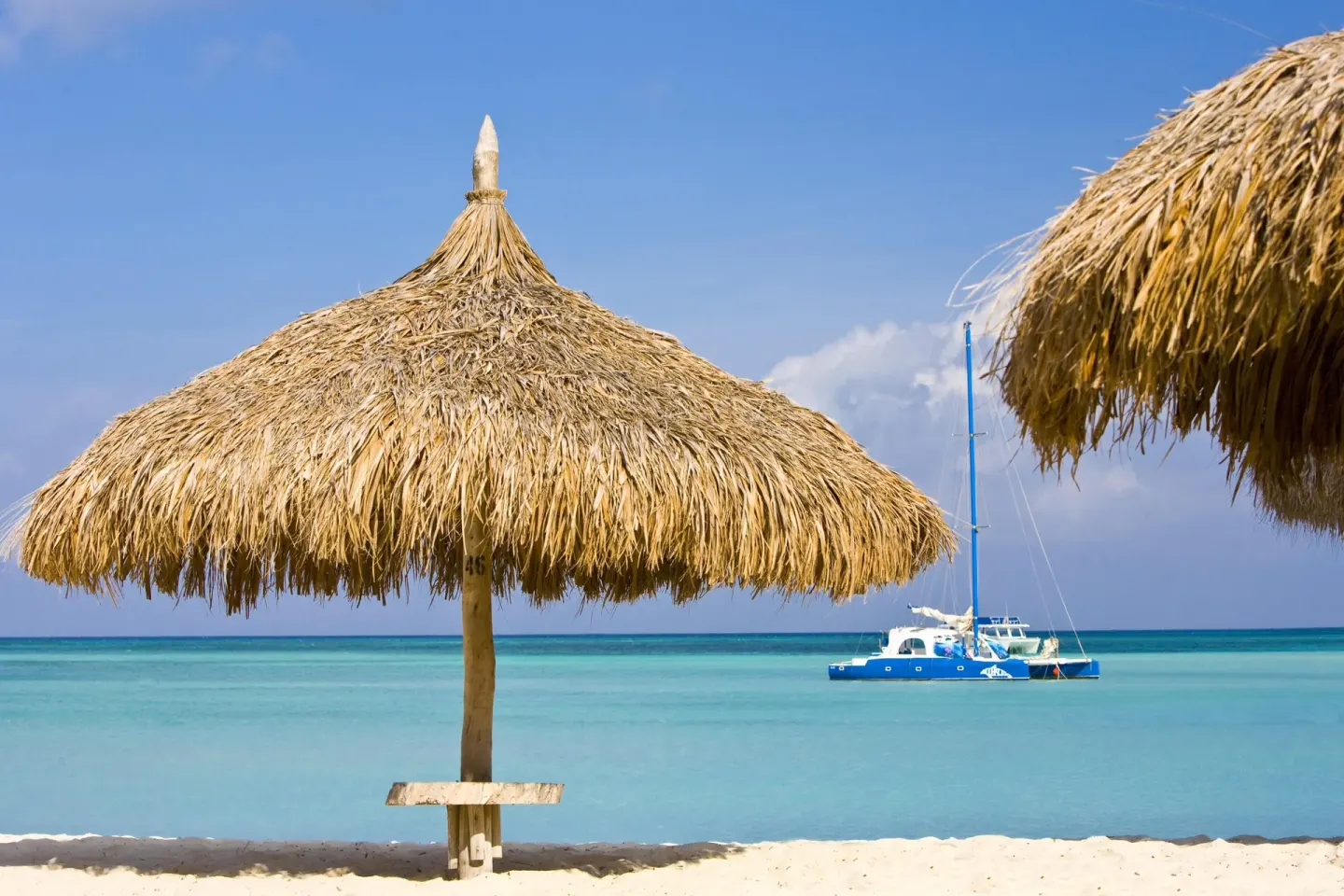 Thatched beach palapa and blue catamaran at Hyatt Regency Aruba Resort and Casino.