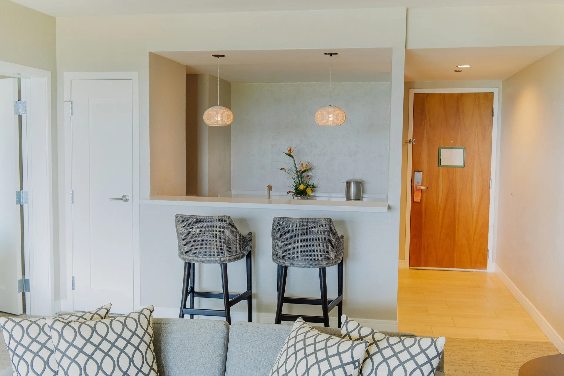 Cayena Suite Resort View bar counter with stools at Hyatt Regency Aruba Resort and Casino.