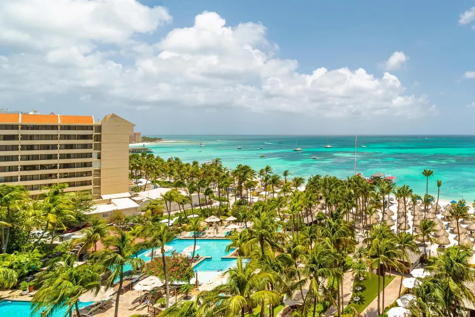 Resort and ocean view from a Family Suite at Hyatt Regency Aruba Resort and Casino.