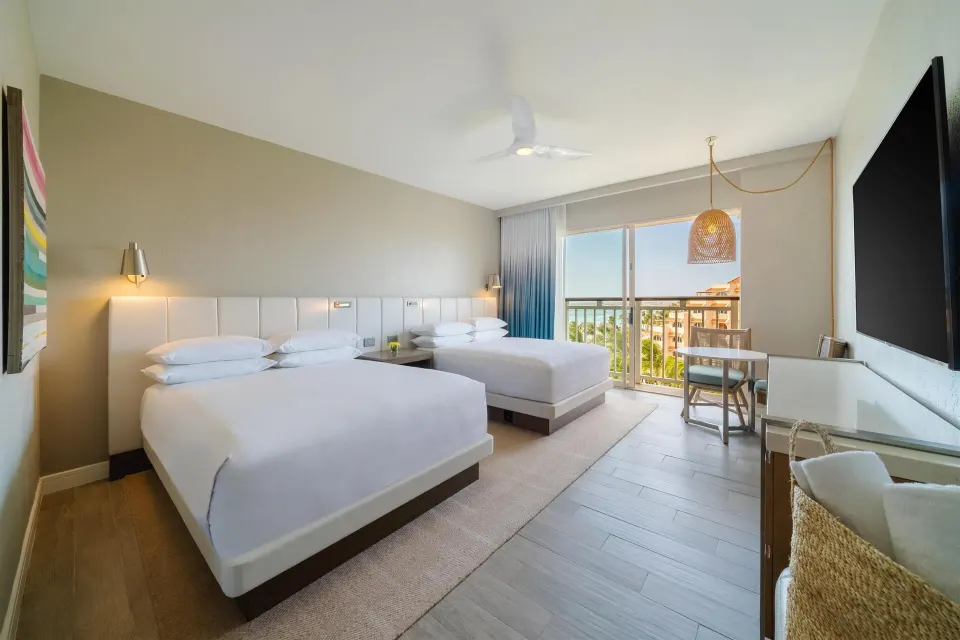 Two-bed ocean view guest room at Hyatt Regency Aruba Resort and Casino.