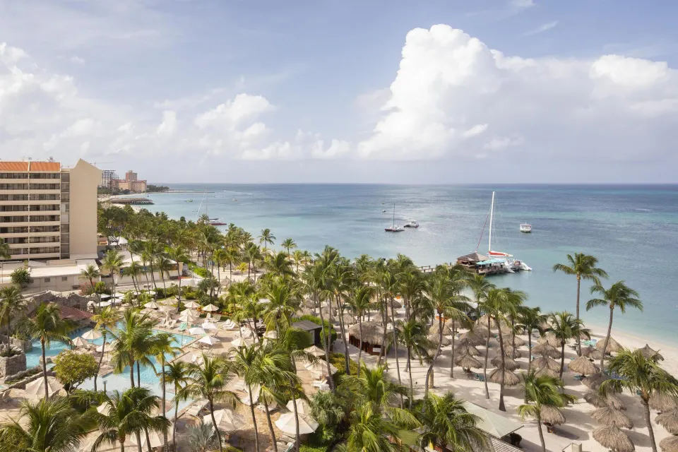 Resort and ocean view from a guest room at Hyatt Regency Aruba Resort and Casino.
