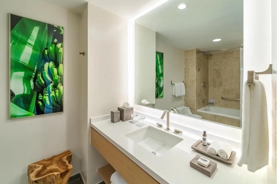 Guest bathroom sink, backlit mirror, tub, and tropical artwork at Hyatt Regency Aruba Resort and Casino.