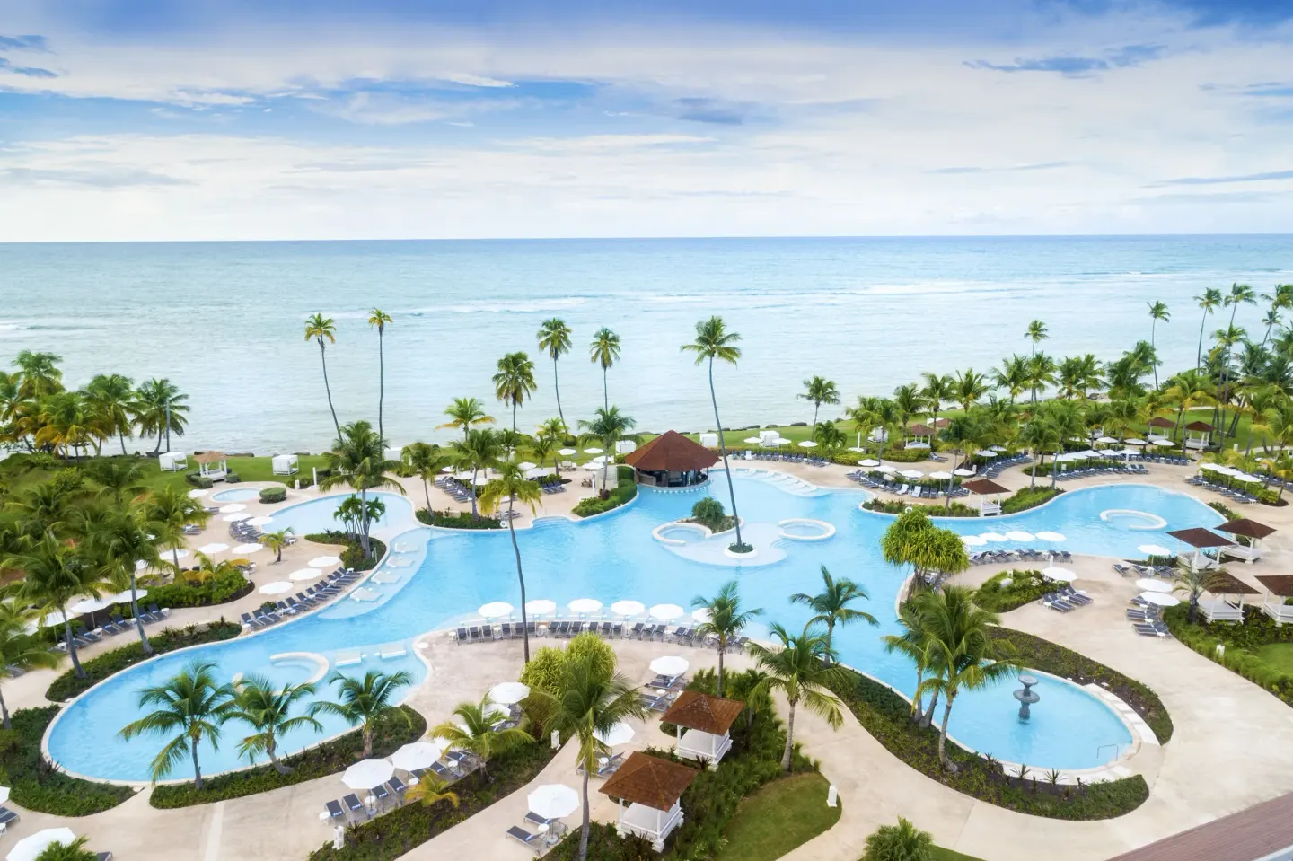 Aerial view of curved pools, palms and ocean at Hyatt Regency Grand Reserve Puerto Rico.