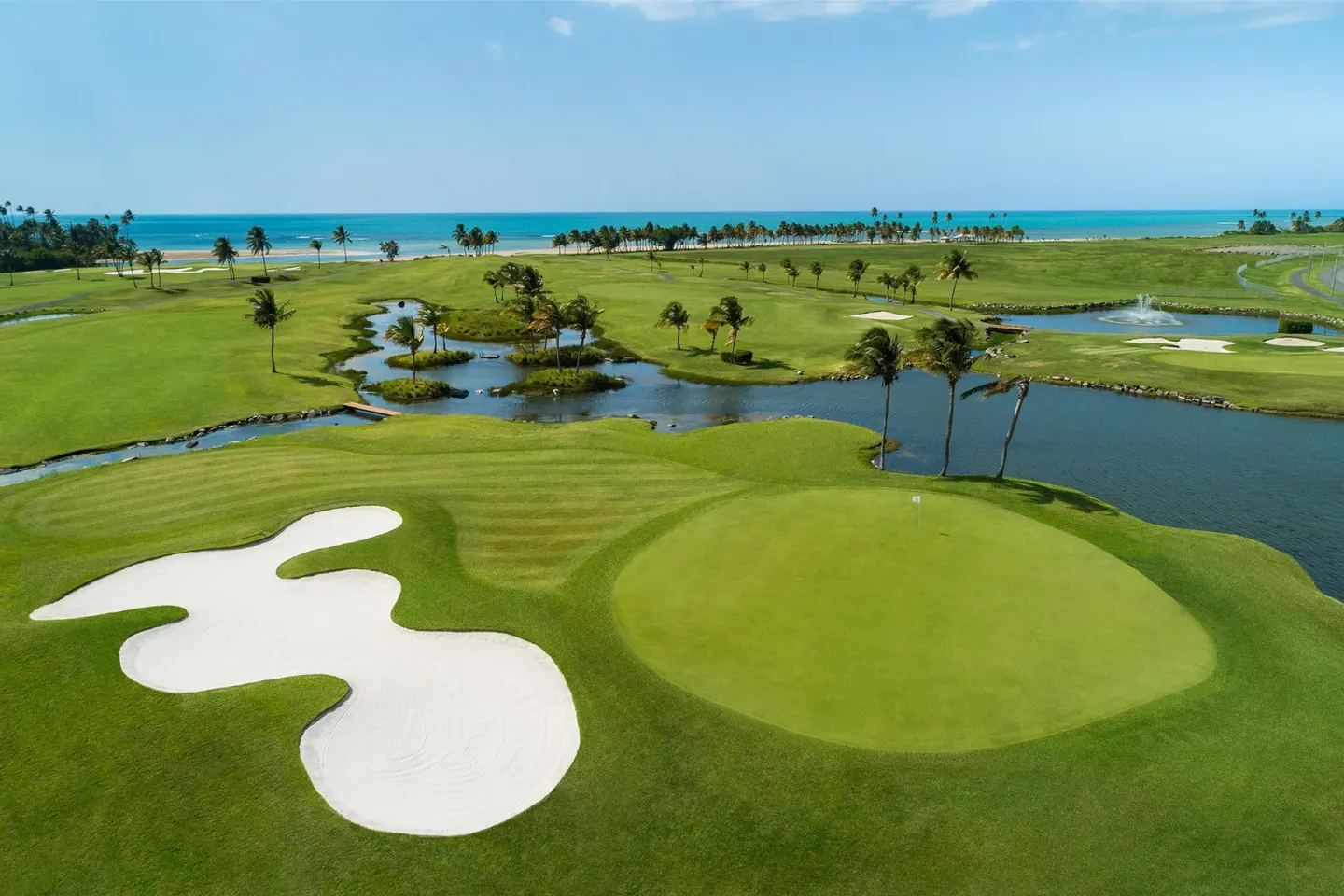 Golf green beside water, palms, and ocean horizon at Hyatt Regency Grand Reserve Puerto Rico.