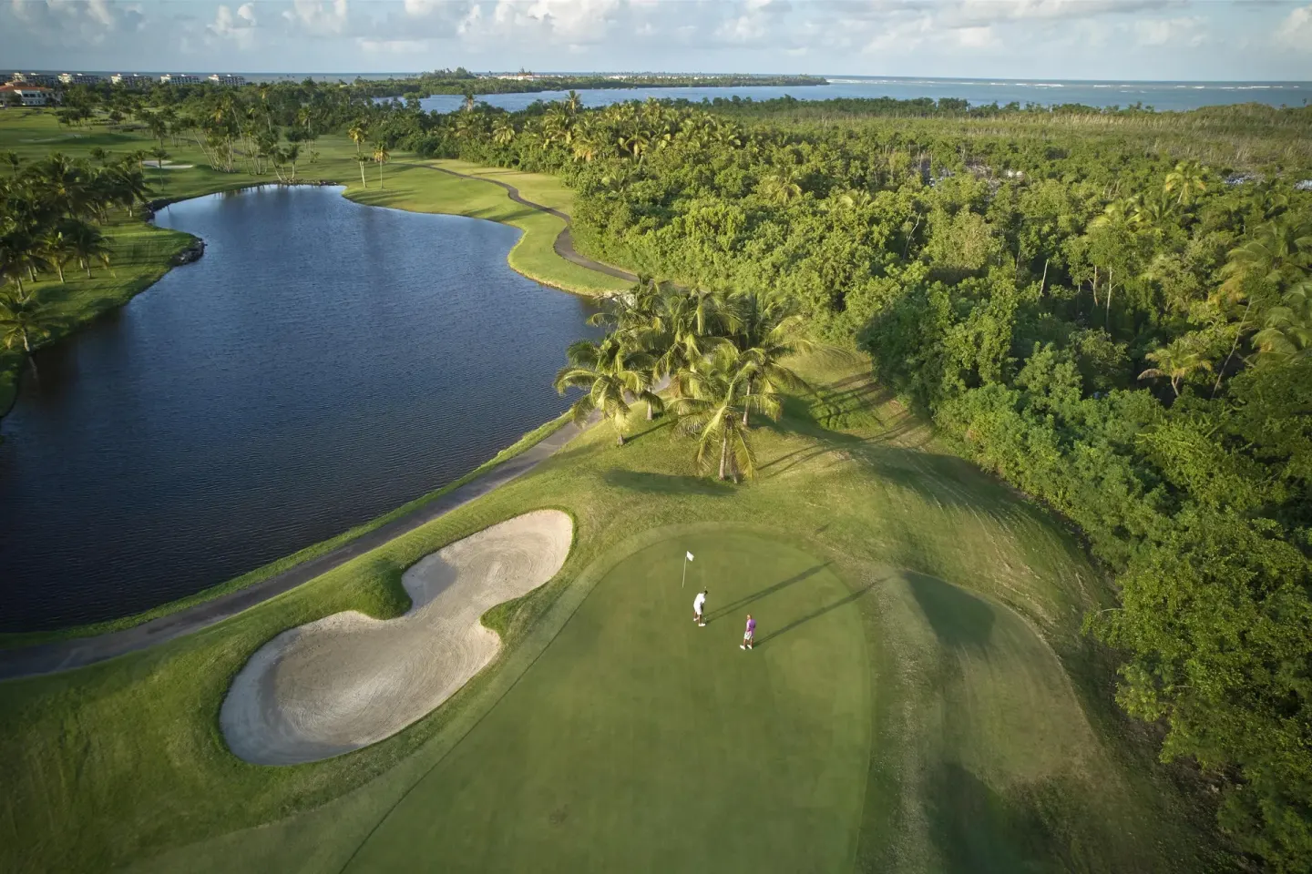 Aerial view of golfers on a green beside a lake at Hyatt Regency Grand Reserve Puerto Rico.