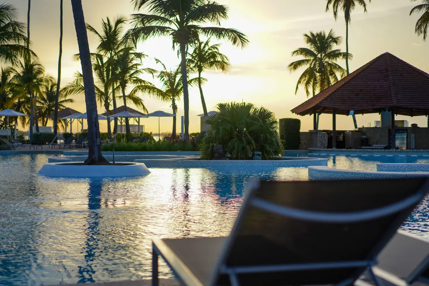 Sunset over the pool and palm trees at Hyatt Regency Grand Reserve Puerto Rico.