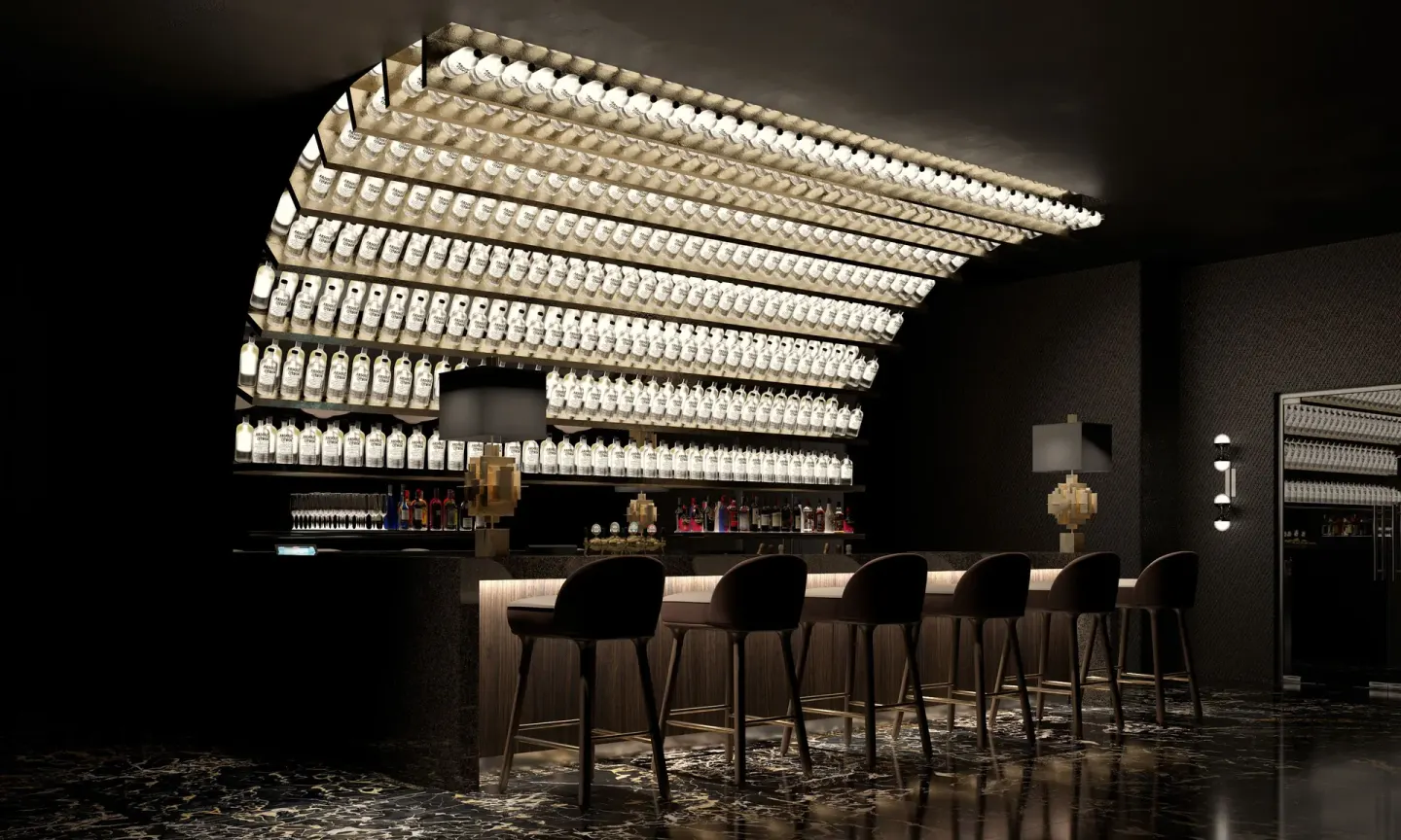 Modern bar with backlit bottle display at Hyatt Regency Grand Reserve Puerto Rico.