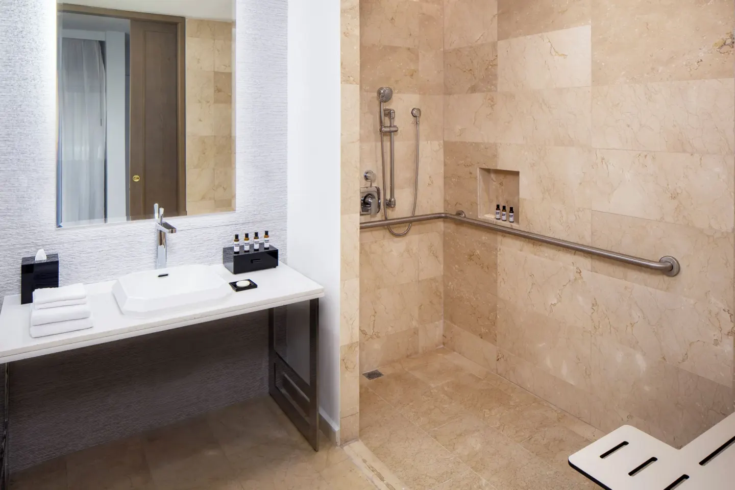 Accessible roll-in shower and vanity at Hyatt Regency Grand Reserve Puerto Rico.